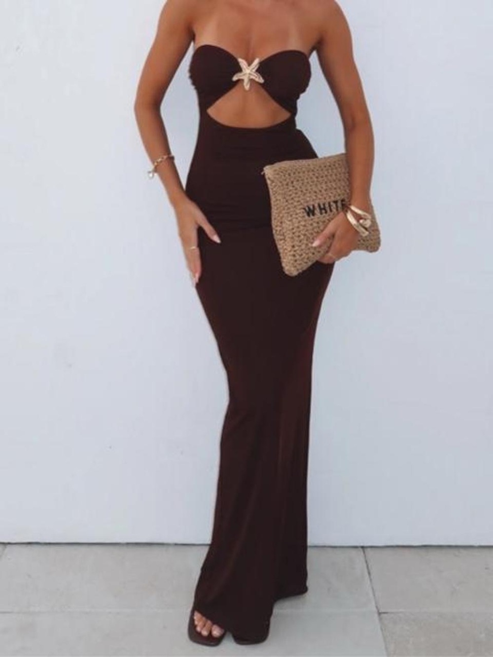 White Fox Brown Strapless Maxi Dress